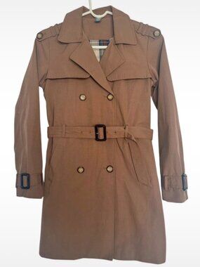 Zara Girls Tan/Brown Trench Coat 11/12 Plaid Interior Belt Accent Outerwear